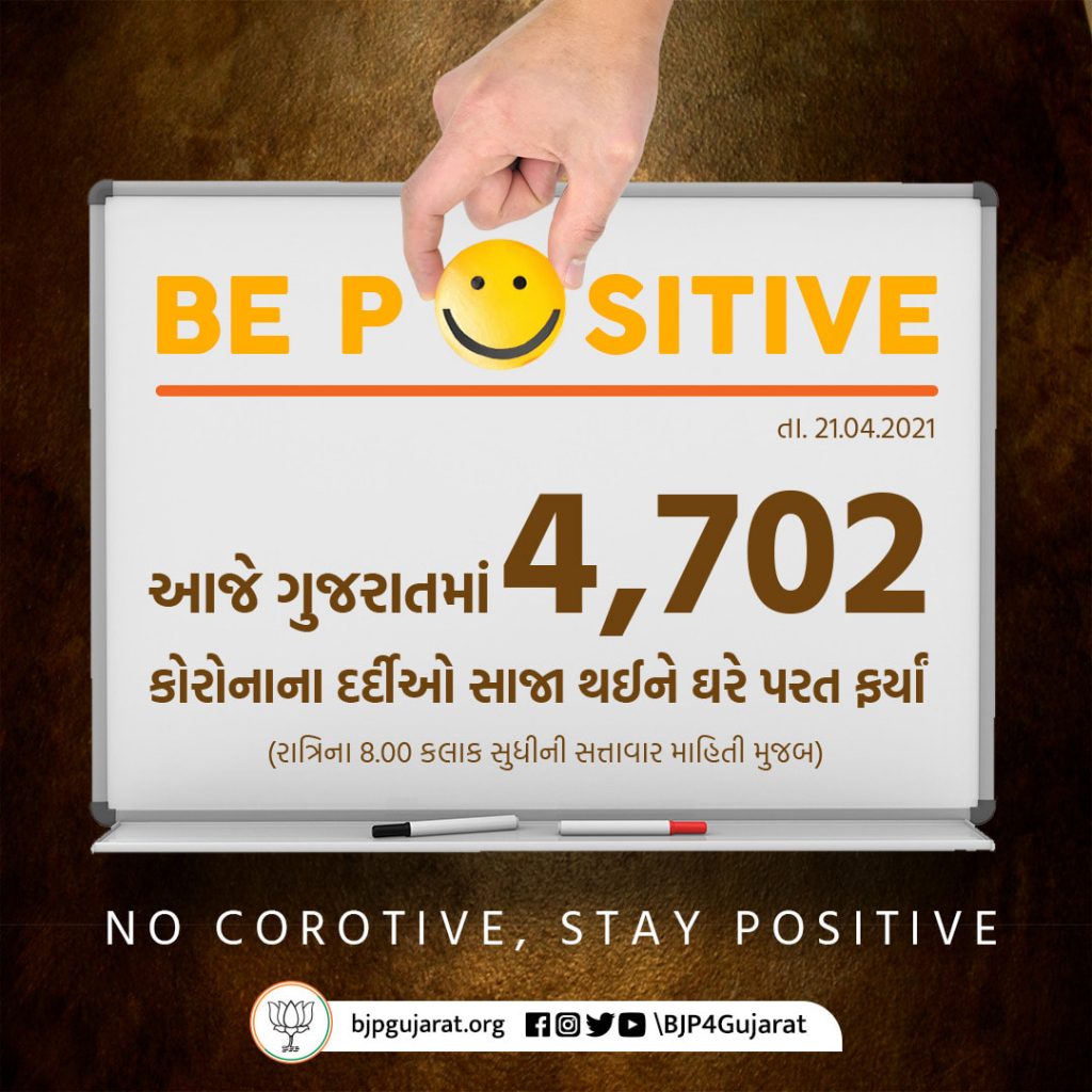 આજે ગુજરાતમાં 4,702 દર્દીઓ સાજા થયા NO COROTIVE , STAY POSITIVE #BePositive