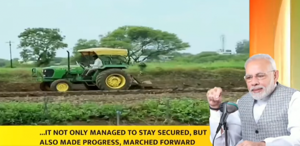कृषि-व्यवस्था ने खुद को इस हमले से काफी हद तक सुरक्षित रखा। सुरक्षित ही नहीं रखा, बल्कि प्रगति भी की, आगे भी बढ़ी ! क्या आपको पता है कि इस महामारी में भी हमारे किसानों ने record उत्पादन किया है। - प्रधानमंत्री श्री Narendra Modi  जी
