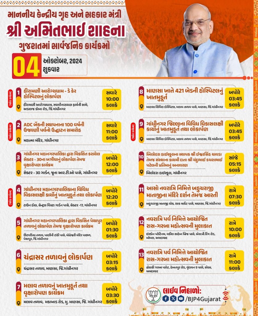 માનનીય કેન્દ્રીય ગૃહ અને સહકાર મંત્રી શ્રી Amit Shah ના ગુજરાતમાં સાર્વજનિક કાર્યક્રમો