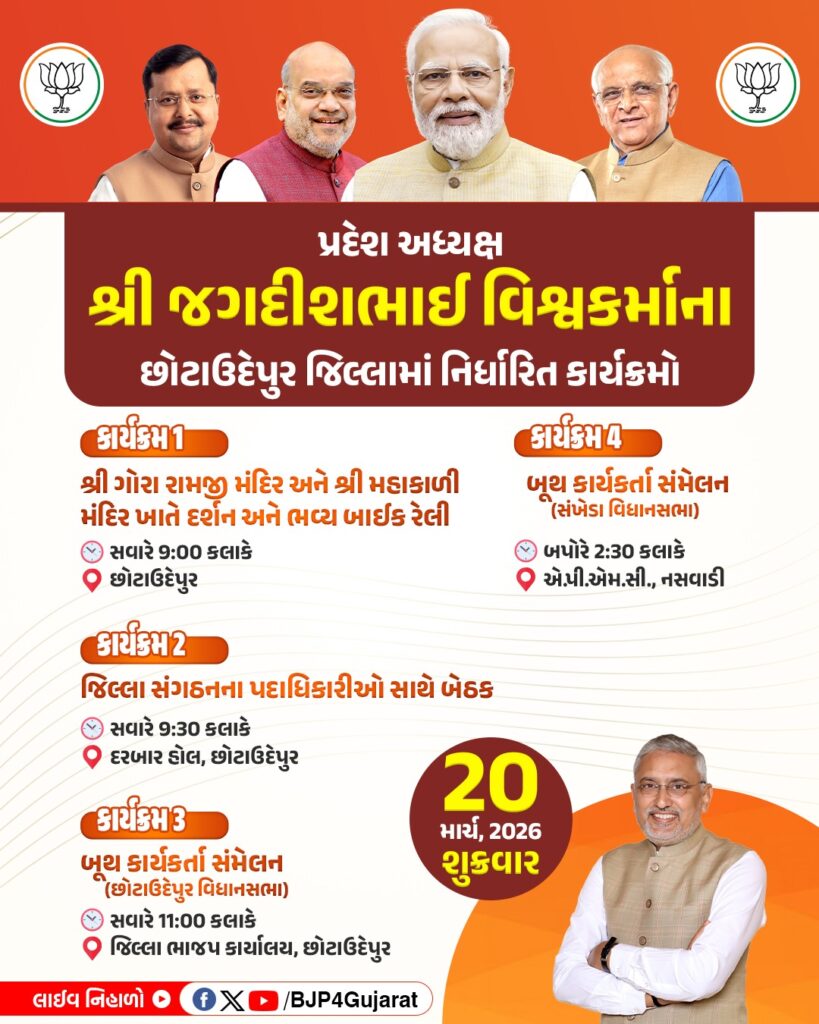 પ્રદેશ અધ્યક્ષ શ્રી Jagdish Panchal ના છોટાઉદેપુર જિલ્લામાં નિર્ધારિત કાર્યક્રમો  તારીખ: 20 માર્ચ, 2026 - શુક્રવાર  લાઈવ નિહાળો: