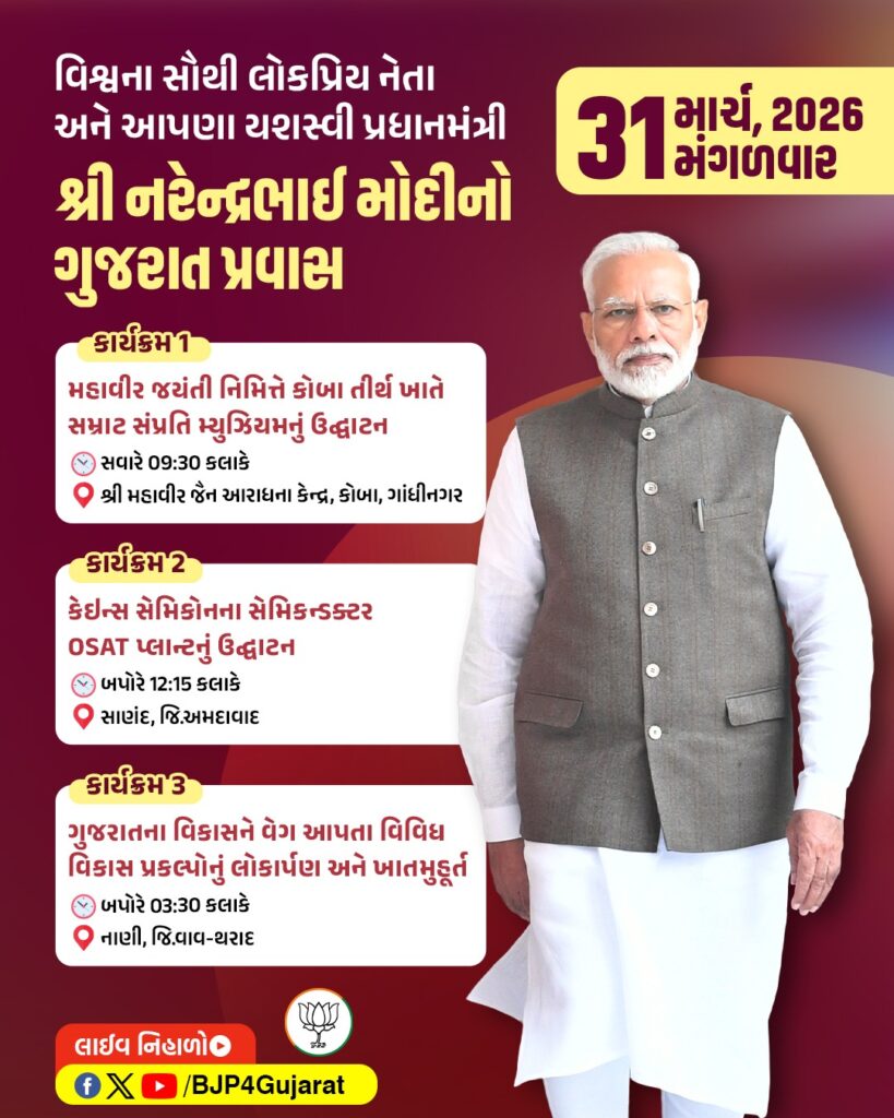 માનનીય પ્રધાનમંત્રી શ્રી નરેન્દ્ર મોદીજી નો ગુજરાત પ્રવાસ  તારીખ: 31 માર્ચ, 2026 - મંગળવાર