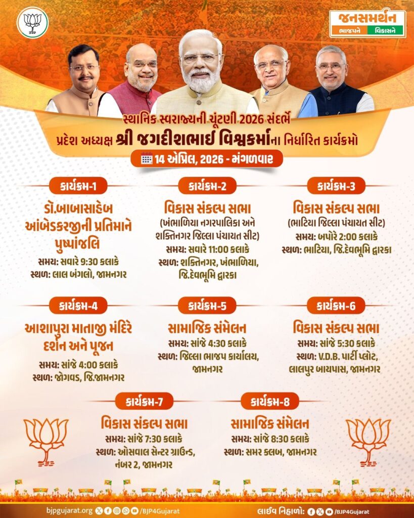 સ્થાનિક સ્વરાજ્યની ચૂંટણી 2026 સંદર્ભે  પ્રદેશ અધ્યક્ષ શ્રીજગદીશ પંચાલના નિર્ધારિત કાર્યક્રમો  તારીખ: 14 એપ્રિલ, 2026 - મંગળવાર
