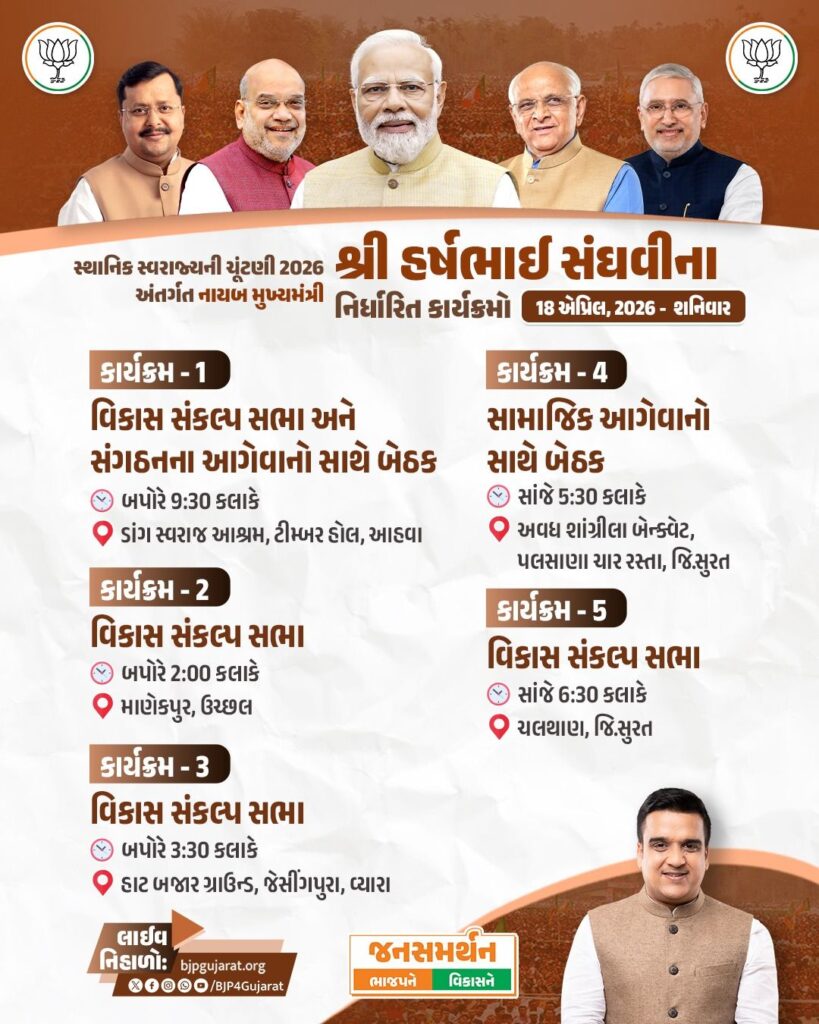 સ્થાનિક સ્વરાજ્યની ચૂંટણી 2026 અંતર્ગત નાયબ મુખ્યમંત્રી શ્રી Harsh Sanghavi ના નિર્ધારિત કાર્યક્રમો  તારીખ: 18 એપ્રિલ, 2026 - શનિવાર