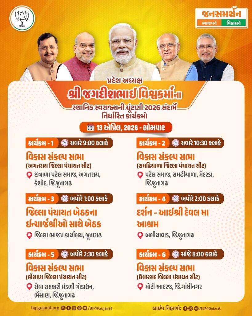 સ્થાનિક સ્વરાજ્યની ચૂંટણી 2026 અંતર્ગત પ્રદેશ અધ્યક્ષ શ્રી જગદીશ પંચાલના નિર્ધારિત કાર્યક્રમો તારીખ: 13 એપ્રિલ, 2026 - સોમવાર