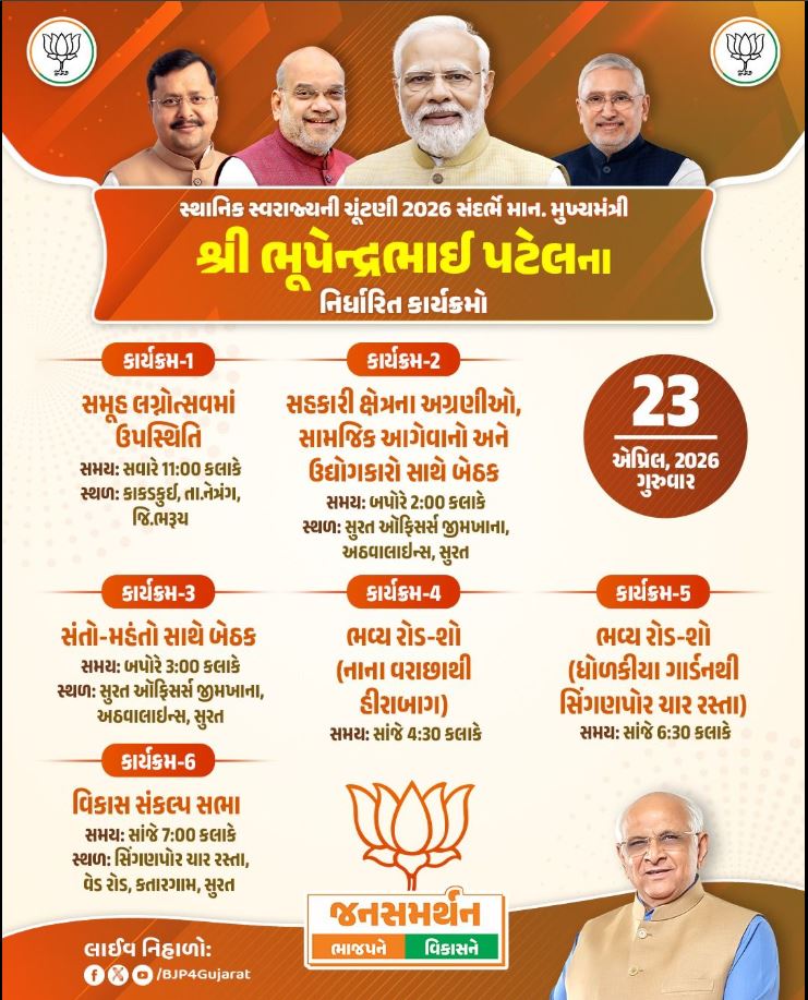 સ્થાનિક સ્વરાજ્યની ચૂંટણી 2026 સંદર્ભે માનનીય મુખ્યમંત્રી શ્રી Bhupendra Patel ના નિર્ધારિત કાર્યક્રમો  તારીખ: 23 એપ્રિલ, 2026 - ગુરુવાર