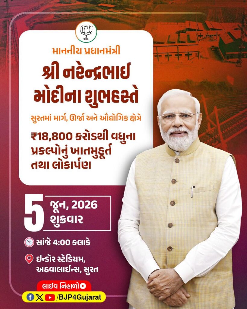 માનનીય પ્રધાનમંત્રી શ્રીનરેન્દ્ર મોદી જીના શુભહસ્તે ₹18,800 કરોડથી વધુના પ્રકલ્પોનું ખાતમુહૂર્ત તથા લોકાર્પણ  🕓 આવતીકાલે સાંજે 4:00 કલાકે  📍 ઇન્ડોર સ્ટેડિયમ, અઠવાલાઈન્સ, સુરત