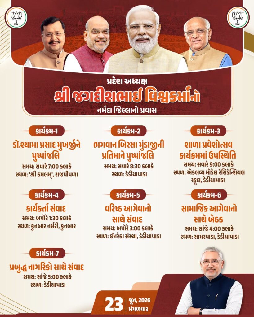 પ્રદેશ અધ્યક્ષ શ્રીજગદીશ પંચાલનો નર્મદા જિલ્લાનો પ્રવાસ  તારીખ: 23 જૂન, 2026 - મંગળવાર