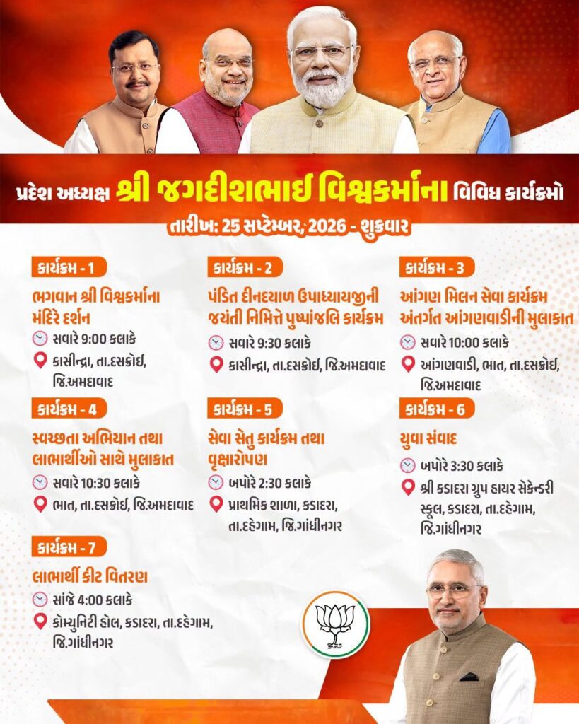 પ્રદેશ અધ્યક્ષ શ્રી Jagdish Panchal ના વિવિધ કાર્યક્રમો  તારીખ: 25 સપ્ટેમ્બર, 2026 - શુક્રવાર